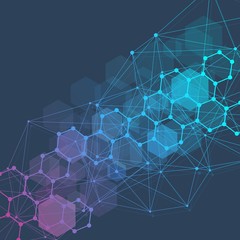 Modern futuristic background of the scientific hexagonal pattern. Virtual abstract background with particle, molecule structure for medical, technology, chemistry, science. Social network vector.