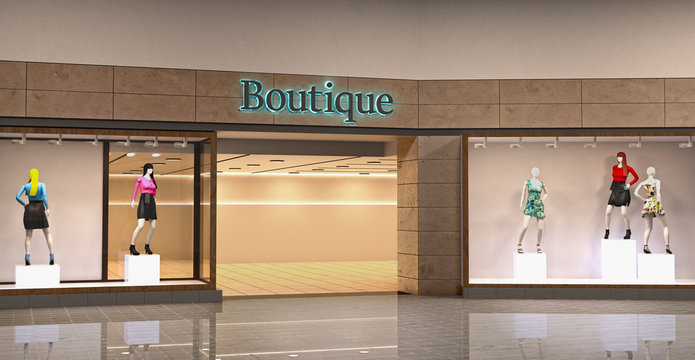 Boutique facade with clothes in 3d illustration