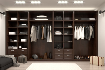beautiful wood horizontal wardrobe and walk in closet. 3d illustration
