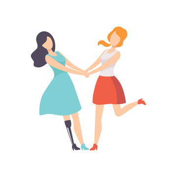 Young happy woman with prosthetic leg holding hands with her female friend, disabled person enjoying full life vector Illustration on a white background