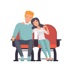 Young couple sitting in cinema theatre and watching movie, man and woman on a date vector Illustration on a white background
