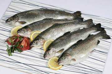 Fresh trout of a wooden table with slices of a lemon and tomato