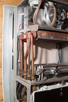 view of the disassembled gas boiler for repair