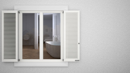 Exterior plaster wall with white window with shutters, showing interior modern bathroom with bathtub, blank background with copy space, architecture design concept