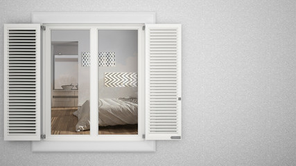 Exterior plaster wall with white window with shutters, showing interior modern bedroom, blank background with copy space, architecture design concept