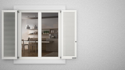 Fototapeta na wymiar Exterior plaster wall with white window with shutters, showing interior modern kitchen with table, blank background with copy space, architecture design concept