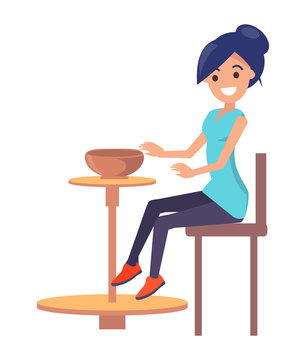 Cute Woman Creating a Clay Bowl, Vector Poster