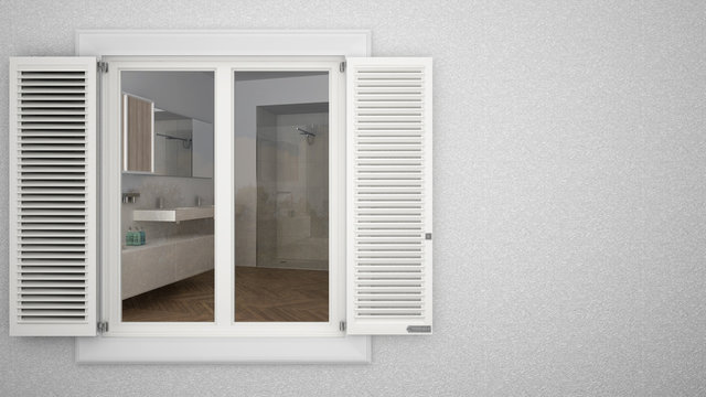 Exterior plaster wall with white window with shutters, showing interior modern bathroom with sink and shower, blank background with copy space, architecture design concept