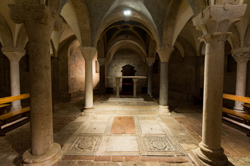 Tourist view of Rieti, in Lazio, Italy. The crypt of St. Mary Cathedral