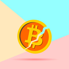 Flat modern pastel colored art design graphic image concept of Broken bitcoin cryptocurrency  with shadow on pink and blue background. Cryptocurrency falling crisis concept