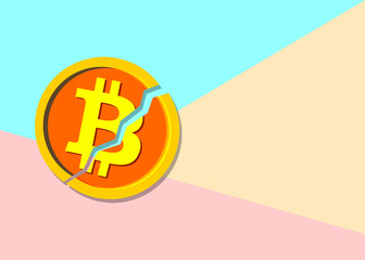 Flat modern pastel colored art design graphic image concept of Broken bitcoin cryptocurrency  with shadow on pink and blue background. Cryptocurrency falling crisis concept