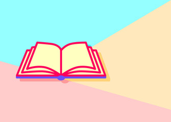 flat lay modern pastel colored open book icon with shadow on blue and pink background