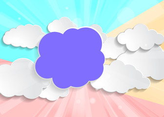 Flat modern pastel colored art design graphic image of sunny rays light background with white paper clouds collection