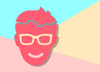 flat modern red happy head of man with glasses icon with shadow on blue and pink pastel colored background