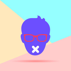 Flat Line modern pastel colored art design graphic image of Flat Male face with glasses and sticky tape on his mouth icon on pink and blue background. Fashion Censorship concept