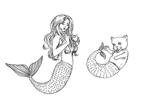 Mermaid and cat with fish tail, hand drawn outline doodle sketch, black and white vector illustration