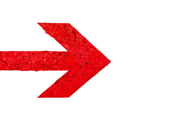 Obraz premium Red arrow direction sign with polished stone texture with imperfections and cracks and isolated on a seamless white background.