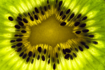 Kiwi slice under high magnification close up macro photo detailing green patterns of this fruit internal structure and highlights.
