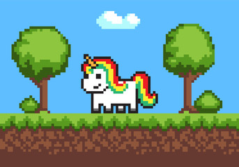 Cheerful Pixel Poney Horse on Cute Green Meadow