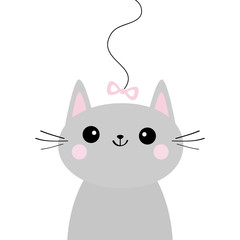 Gray cat head face looking at pink bow hanging on thread. Playing game Kawaii animal. Cute cartoon funny character. Pet baby collection Greeting card. Flat design White background.