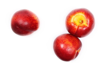 Ripe peaches isolated on white background, top view