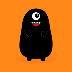 Monster black silhouette. Fang tooth. Open mouth. One eye, teeth, tongue, hands. Funny Cute cartoon baby character. Happy Halloween. Flat design. Orange background. Isolated.
