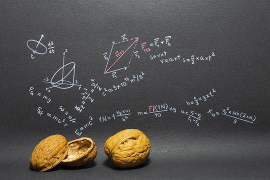 Concept of the phrase physics in a nutshell. Physics formulas drawn on black paper with walnuts