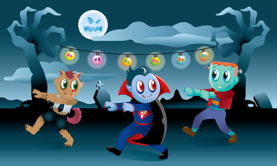 A group of monsters playing together in Halloween night.