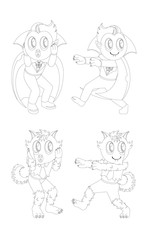 Black and white outline drawing of vampire and wolf man.