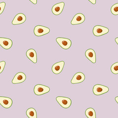 Seamless pattern with sliced avocado. Halves of green ripe avocado with seed on background. Vector seamless pattern.