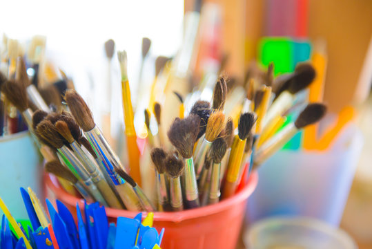 Many different art brushes. The artist's tools for painting.