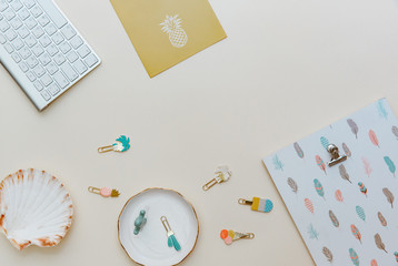Flat lay Home office desk. Workspace on pale pastel background. Blogger concept