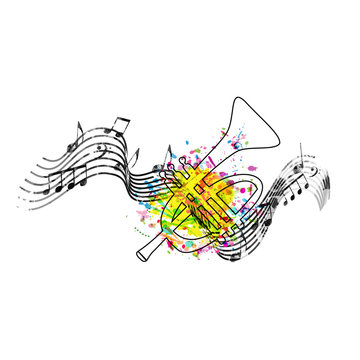 Music colorful background with music notes and trumpet vector illustration design. Music festival poster, creative trumpet design with music staff