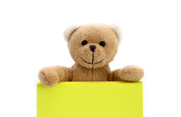 Brown teddy bear holding with the two hands a note in bright yellow color with empty space for text message. Photo isolated in a seamless white background.