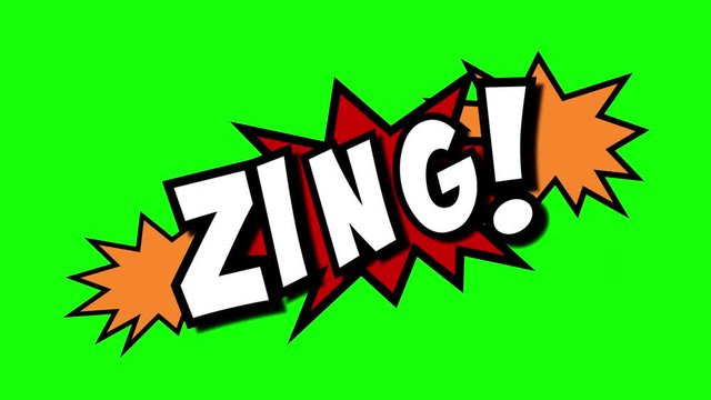 A comic strip speech cartoon animation with an explosion shape. Words: ring, zing, zoom. White text, red and yellow spikes, green background.

