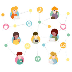 Vector illustration of an abstract social network scheme, which contains people icons connected to each other.