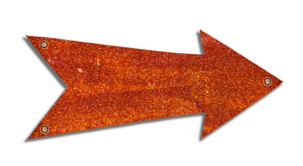 Rusty and grungy metallic iron plate directional arrow sign with peeling coating and scratches...