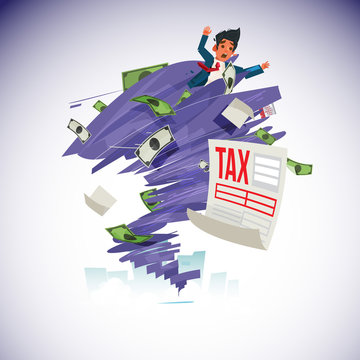 businessman with money and tax document tilt in tornado strom, tax management - vector