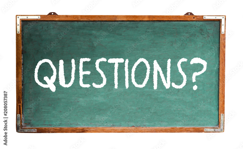 Fototapete questions? text word message in white chalk written on a wide green old grungy vintage wooden chalkb