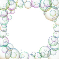 Round frame with soap bubbles. Shiny balls with glare. Vector illustration. The concept of cleanliness and cleaning.