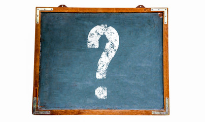 Question mark white sign on a blue old grungy vintage wooden chalkboard or retro blackboard with...