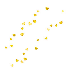 Wedding confetti with gold glitter hearts. Valentines day. Vector background. Hand drawn texture. Love theme for party invite, retail offer and ad. Wedding confetti template with hearts.