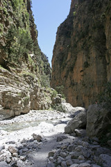 The gorge with high steep rocky slopes with green plants, the small  mountain river and the white...