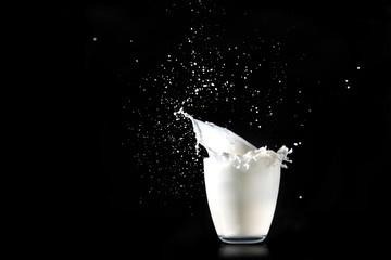 Milk splashes from a glass transparent glass on a black background.