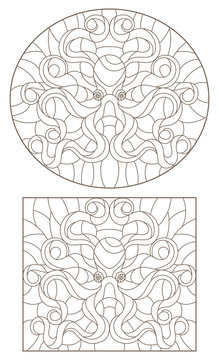 Set of contour illustrations in stained glass style with octopuses, round and rectangular image, dark contours on a white background