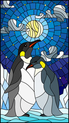 Fototapeta premium Illustration in stained glass style with a pair of penguins on a background of snow, starry sky,moon and clouds 