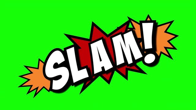 A comic strip speech cartoon animation with an explosion shape. Words: roar, slam, slap. White text, red and yellow spikes, green background.
