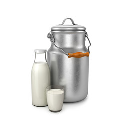 Aluminium metal can with glass bottle with milk. 3D illustration