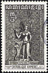 Bas-relief of Angkor Wat on cambodian stamp