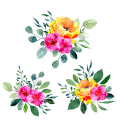 Set of watercolor floral arrangements. Collection of natural hand drawn prints with flowers and leaves